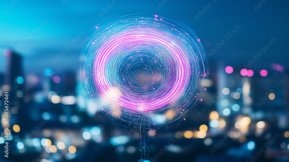Poster digital cityscape: a mesmerizing digital sphere glows above a city skyline at twilight, representing