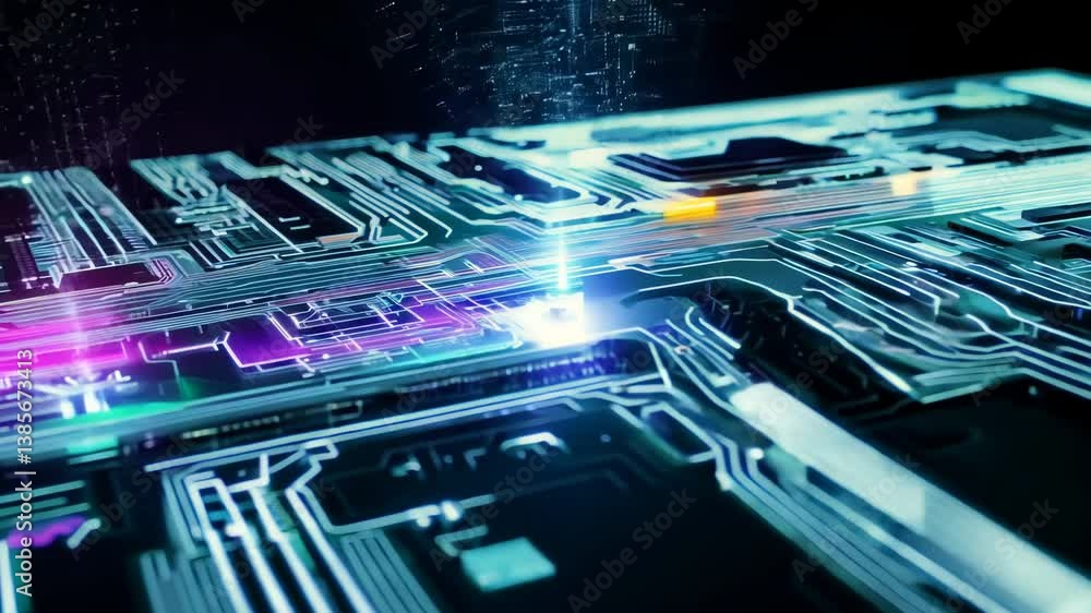 Poster Motherboard with chips transferring network signals. Circuit board concept with calculations on the chip blocks
