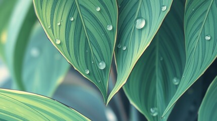 Green Leaves with Water Droplets
