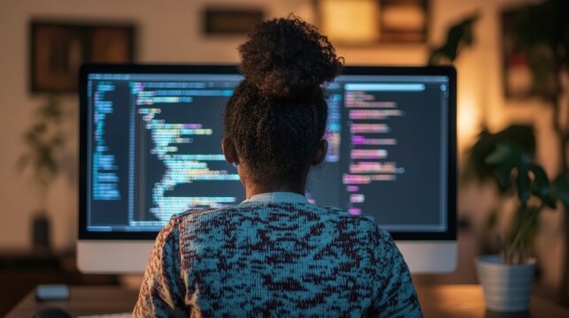 A woman is sitting in front of a computer monitor, wearing a sweater and a ponytail. She is focused on the screen, possibly working on a project or browsing the internet. The room has a potted plant