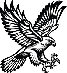Flying Eagle Line Art – Dynamic Tattoo Style Raptor with Spread Wings and Detailed Talons