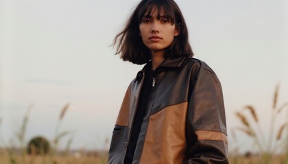 Stylish Brunette Woman Wearing Fashionable Leather Jacket Posing In Natural Outdoor Setting