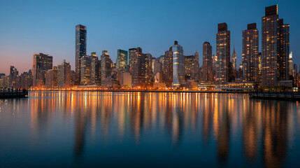 Fototapeta premium City skyline illuminated at dusk reflected in the calm water of the east river in new york city