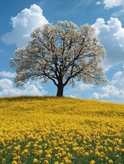Solitary Tree in a Blooming Yellow Field under a Blue Sky