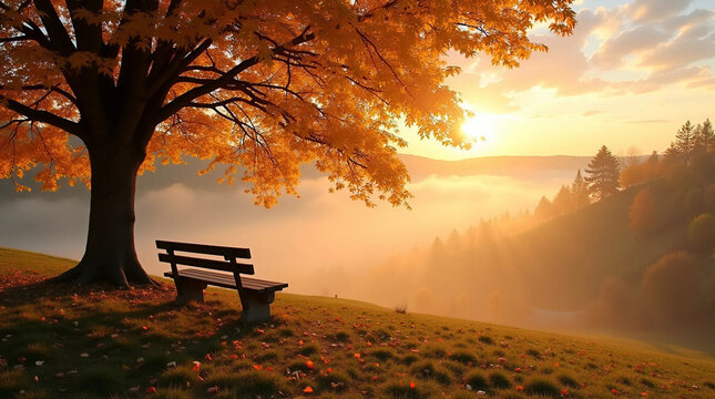 Tranquil Autumn Sunrise Scene with Empty Bench Under a Colorful Tree