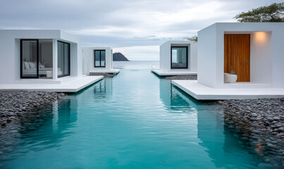Fototapeta premium Modern white villas on serene water in tropical paradise at sunset