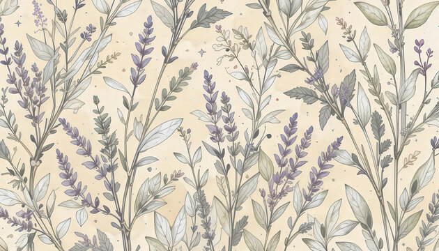 Delicate lavender and sage botanical with soft pastel tones, hand drawn style, and vintage floral elegance