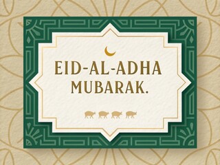 A sophisticated greeting card design for Eid Al-Adha, featuring a cream-colored background with a decorative, dark green border and intricate patterns.