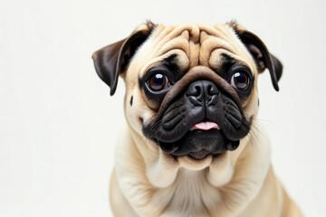 Solo pug in a clean white backdrop, showcasing its wrinkles and charm, realistic, picture, high-resolution