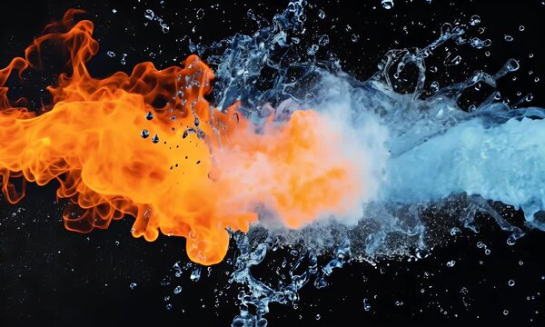 Fire and water clash in a dynamic display of opposing elements against a dark backdrop. Energy, force, and contrast shown
