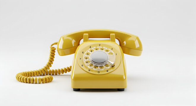 Retro Yellow Rotary Telephone Isolated on White Seamless Background for Mockups and Product Photography
