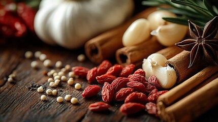 Aromatic spices and herbs on rustic wood.