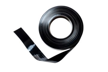 A black roll of tape is on a white background