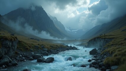 The tranquil river in the valley