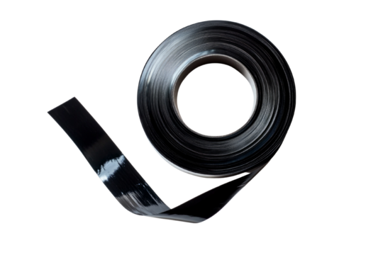 A black roll of tape is on a white background