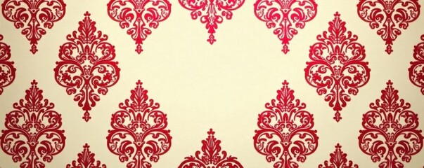 Elegant red damask pattern on beige background, fabric, holiday, texture