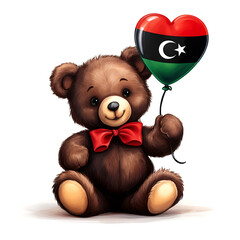 リビアの国旗のハート型風船を持ったかわいいクマのぬいぐるみ。白背景。(Cute teddy bear holding a heart-shaped balloon with the Libya flag on white background.)
