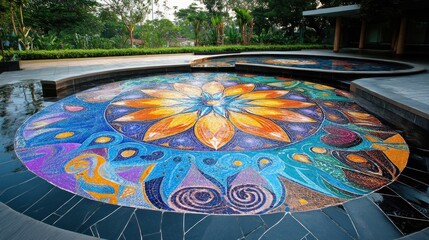 Colorful mosaic design in a circular water feature. Detailed patterns and vibrant colors create a captivating centerpiece in a landscaped outdoor area