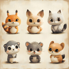 Fototapeta premium Adorable stylized illustrations of cute small fluffy cartoon animals