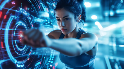 An AI powered system enhancing personalized workout routines by analyzing real time fitness data and goals, futuristic AI-driven fitness platform, Health and fitness technology style