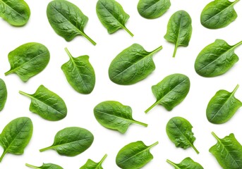 Fresh spinach leaves vibrant green isolated white background