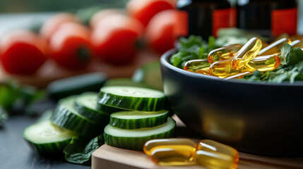 A well-balanced salad bowl with avocado, tomatoes, cucumbers, and leafy greens, accompanied by a set of vitamin supplements, promoting a natural and healthy immune system