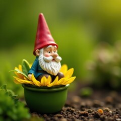 Obraz premium Small garden gnome sitting on a sunflower pot, outdoor decor,