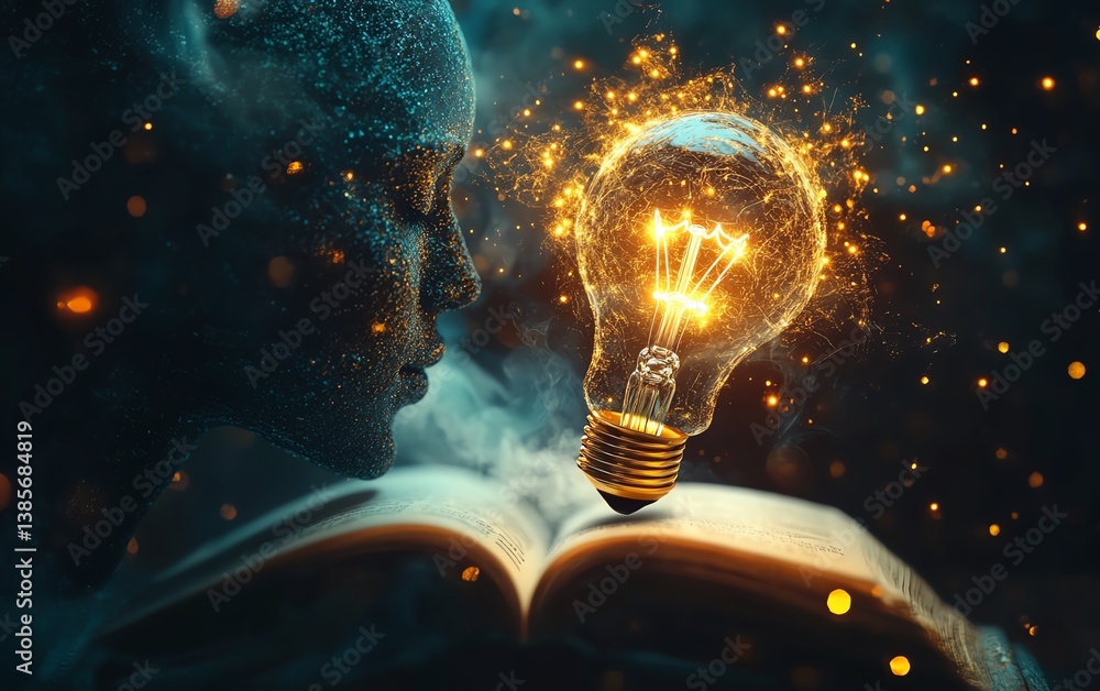 Aufkleber open book and light bulb inside a head, symbolizing the connection between knowledge and creativity,