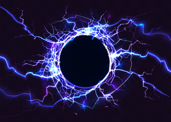 Blue lightning and thunderstorm effect in a circle. Realistic 3d storm. Bright and powerful thunderstorm on black background. Vector illustration