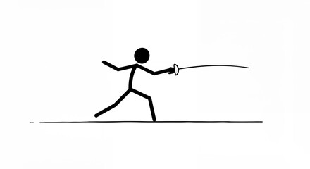 Simple Stick Figure Fencer poised in action with sword ready to strike