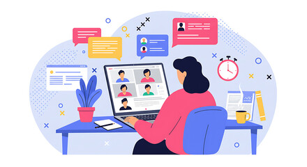 Virtual Connection: A person engaging in a video conference, immersed in a digital discussion, fostering communication and collaboration within a dynamic virtual workspace.
