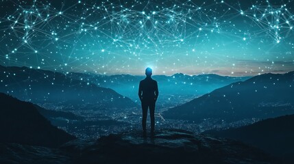 Fototapeta premium Silhouetted person on mountaintop, gazing at a futuristic, interconnected network of nodes above a cityscape at night.