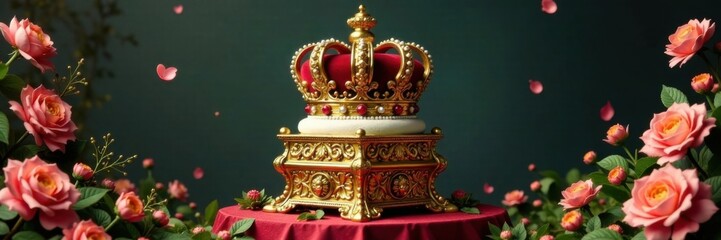 Obraz premium Regal crown atop ornate, golden pedestal amidst intricate floral patterns and lavish foliage , royal crest, monarch, castle