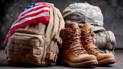 Memorial Day concept, Military gear including backpacks and boots with an American flag.