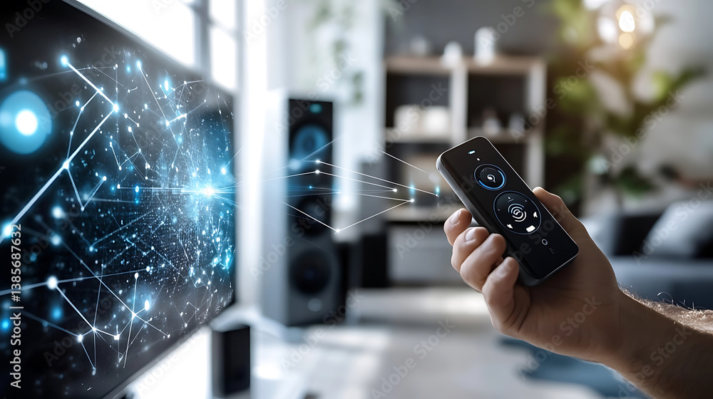 Wall mural a person connecting an advanced virtual assistant device to a home speaker system, visible device in