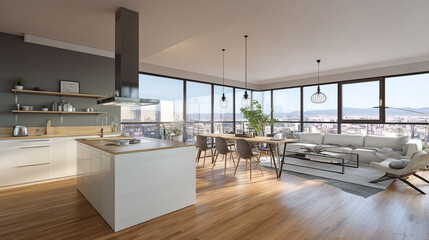 Obraz premium Open concept living space with kitchen island dining table and city view from large windows