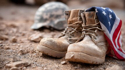 Memorial Day concept, Worn boots and helmet with American flag on a desert surface.