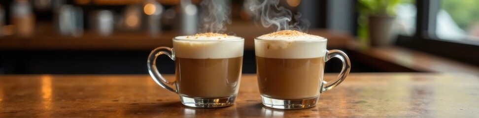 Two steaming glasses of latte sitting side by side on a wooden table, beverage, cup, office