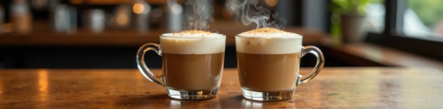 Two steaming glasses of latte sitting side by side on a wooden table, beverage, cup, office