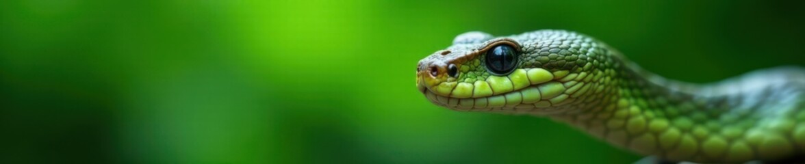 Fototapeta premium Snake's scaly texture and facial features, set against a blurred green background , wildlife, reptile