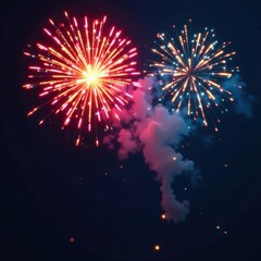 Fototapeta premium Vibrant colorful fireworks exploding in mid-air with explosive bursts and patterns , pyrotechnic, sparkling lights, firework shapes