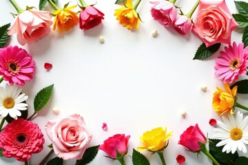 Fototapeta premium Vibrant floral arrangement on white background with mixed flowers like roses, carnations and daisies , bouquet, event decor