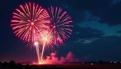Vibrant firework explosion in the night sky with colorful bursts of light and sound effects, pyrotechnics, night sky