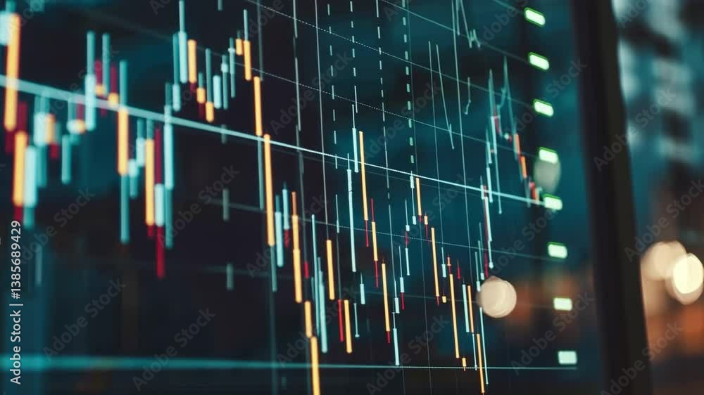 Poster visualizing stock market trends analyzing financial data with candlestick charts and technology for 