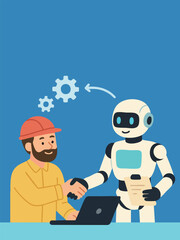 Engineer shaking hands with AI robot. Collaboration in smart industry and digital innovation. Friendly futuristic technology concept