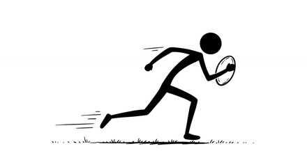 Dynamic stick figure athlete dashing with a round object in a minimalist artwork