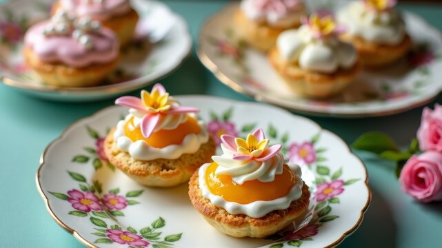 Delicate peach and cream filled tarts arranged on vintage floral plates, a sweet treat.