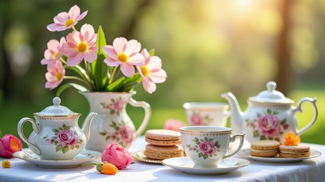Elegant floral tea set and macarons arranged on a linen tablecloth in a sun-dappled garden setting.
