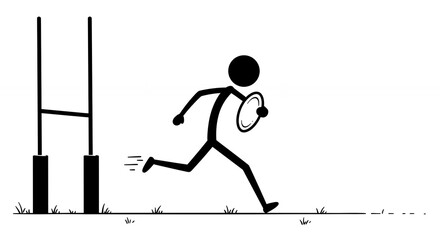 Stick figure athlete sprinting with disc towards goalpost in monochrome artwork