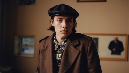 Portrait Of A Stylish Young Man Wearing A Newsboy Cap And Wool Coat